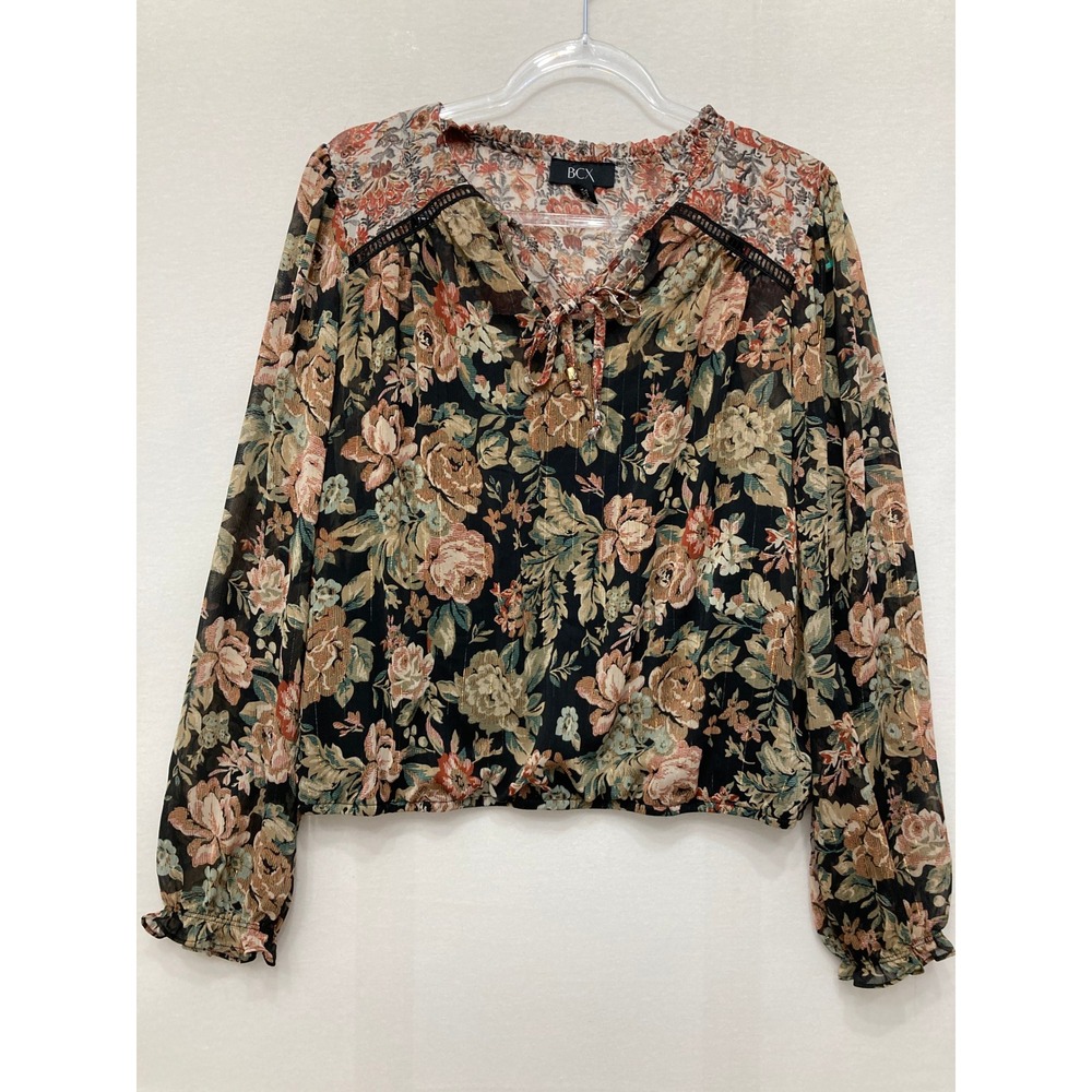 BCX Floral Blouse XL Multi Color Boho Ruffle Blouson Tie Front Long Sleeve Lined